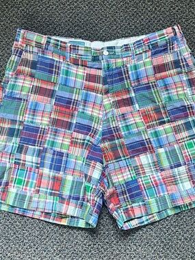 Castaway Multicolor Patchwork Plaid Men's Shorts - Blue, Green, Red